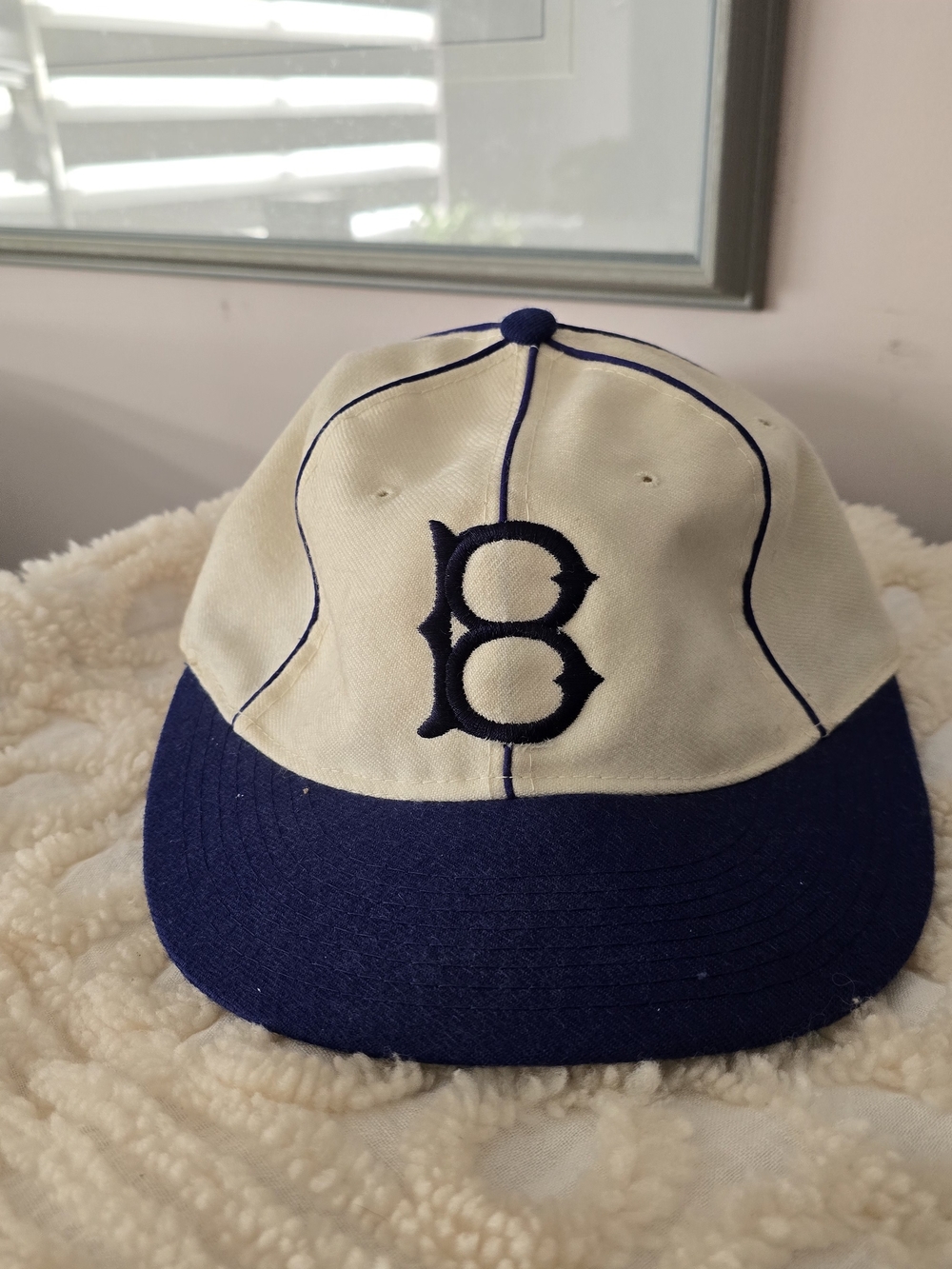 Vintage Cream and Navy Two-Tone Boston Baseball Cap with Embroidered 'B'